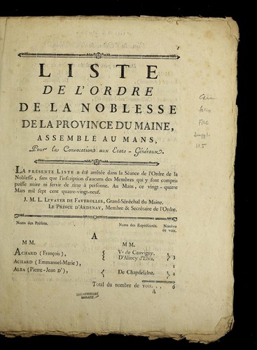 Liste de l'ordre de la noblesse de la province du Maine