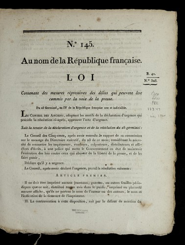 Loi contenant des mesures re pressives des de lits qui peuvent e tre commis par la voie de la presse