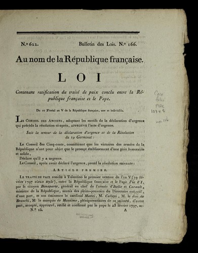 Loi contenant ratification du traite  de paix conclu entre la Re publique franc ʹaise et le pape