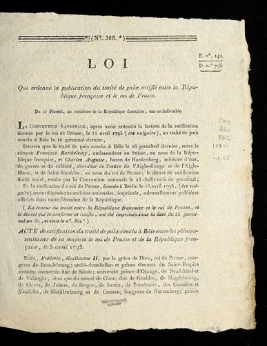 Loi qui ordonne la publication du traite  de paix ratifie  entre la Re publique franc ʹaise et le roi de Prusse