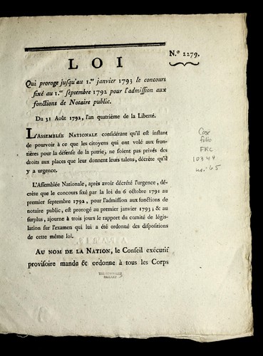 Loi qui proroge jusqu'au 1er. janvier 1793 le concours fixe  au 1er. septembre 1792 pour l'admission aux fonctions de notaire public
