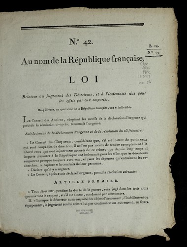 Loi relative au jugement des de serteurs, et a   l'indemnite  due pour les effets par eux emporte s