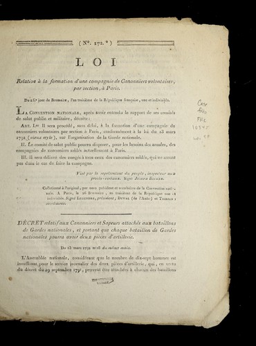 Loi relative a   la formation d'une compagnie de canonniers volontaires, par section, a   Paris