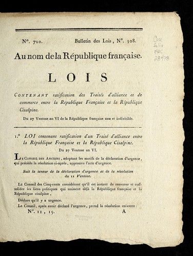 Lois contenant ratification des traite s d'alliance et de commerce entre la Re publique franc ʹaise et la Re publique cisalpine