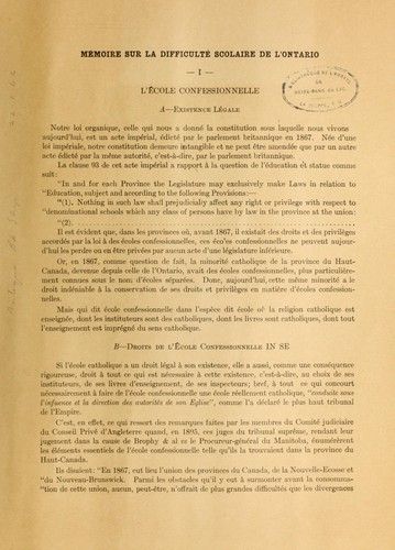 Memoire sur la question scolaire de l'Ontario