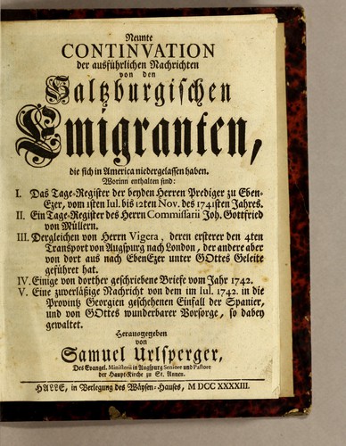 Neunte Continuation der Ausführlichen Nachrichten von den saltzburgischen Emigranten, die sich in America niedergelassen haben