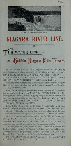 The Niagara River and Toronto via the Palatial Steamers of the Niagara River Line between the foot of the rapids of Niagara River, and the north shore of Lake Ontario