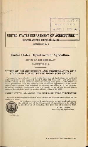 Notice of establishment and promulgation of a standard for sulphate wood turpentine