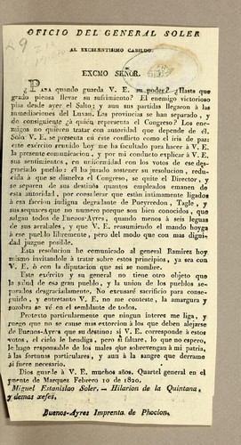 Oficio del general Soler al excelentisimo cabildo