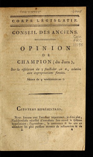 Opinion de Champion (du Jura) sur la résolution du 3 fructidor an 6 relative aux expropriations forcées