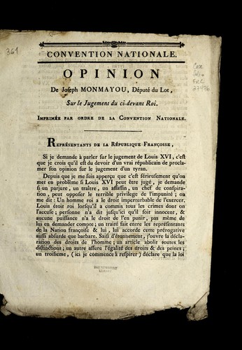 Opinion de Joseph Monmayou, de pute  du Lot, sur le jugement du ci-devant roi