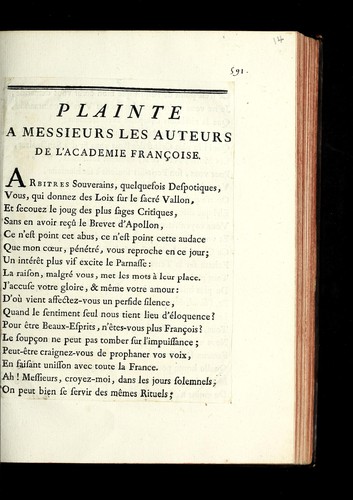 Plainte a Messieurs les auteurs de l'Academie franc Œoise