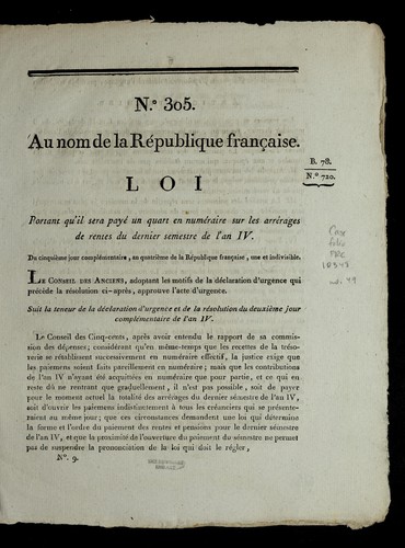 Loi portant qu'il sera paye  un quart en nume raire sur les arre rages de rentes du dernier semestre de l'an IV