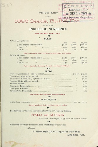 Price list of seeds, bulbs, etc. grown at Ingleside Nurseries