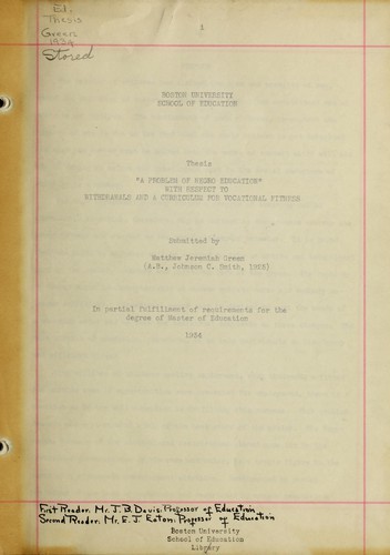 A problem of negro education with respect to withdrawals and a curriculum for vocational fitness