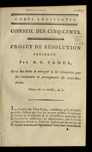 Projet de résolution présenté par A.G. Camus sur les états à envoyer à la trésorerie par les receveurs et percepteurs de contributions