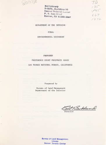 Proposed preference right phosphate lease, Los Padres National Forest, California