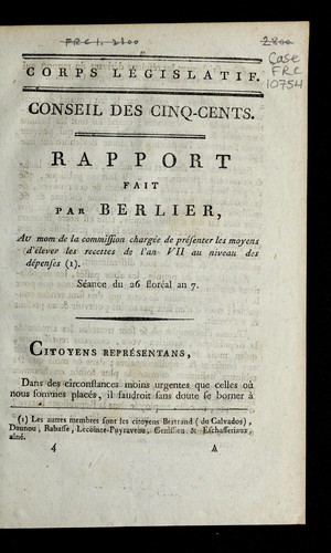 Rapport fait par Berlier, au nom de la commission charge e de pre senter les moyens d'e lever les recettes de l'an VII au niveau des de penses