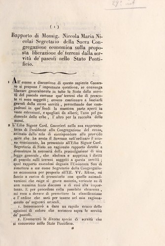 Rapporto di Monsig. Niccola Maria Nicolai segretario della Sacra Congregazione economica sulla proposta liberazione de' terreni dalla servitù de' pascoli nella Stato Pontificio