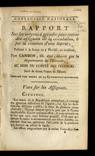 Rapport sur les moyens à prendre pour retirer des assignats de la circulation & sur la création d'une loterie