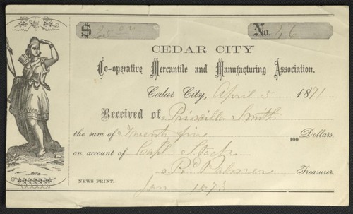 Received of [Priscilla Smith] the sum of [Twenty five /100 dollars on account of [Capl Stock] [R.D. Palmer] Treasurer [Jan 1873]