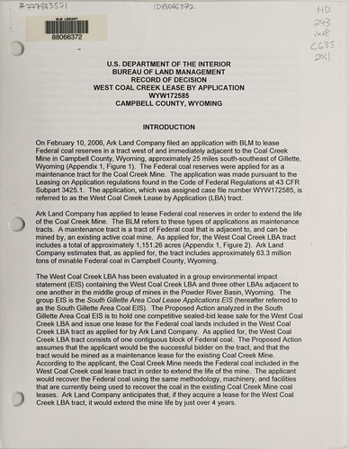 Record of decision West Coal Creek lease by application, WYW172585, Campbell County, Wyoming