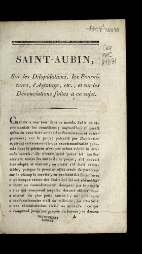 Saint-Aubin, sur les dilapidations, les fournitures, l'agiotage, etc., et sur les dénonciations faites à ce sujet