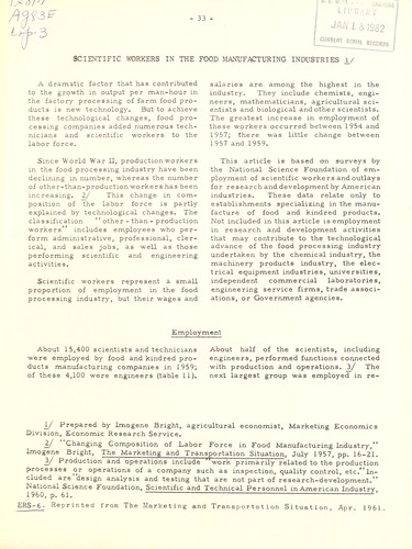 Scientific workers in the food manufacturing industries