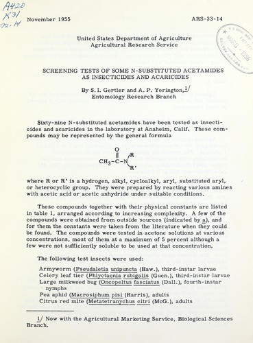 Screening tests with some N-substituted acetamides as insecticides and acarides