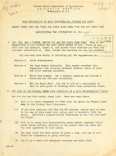 Some suggestions to home demonstration workers for using safety check list for women and girls doing farm work for the first time