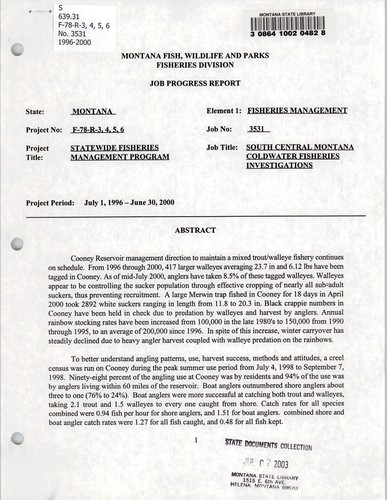 South central Montana coldwater fisheries investigations