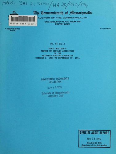 State auditor's report on certain activities of the Hatfield Housing Authority