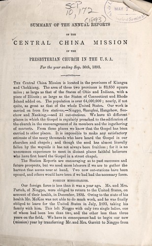 Summary of the annual reports of the Central China Mission of the Presbyterian Church in the U.S.A. ...