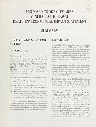 Summary of the environmental impact statement for the proposed Cooke City area mineral withdrawal