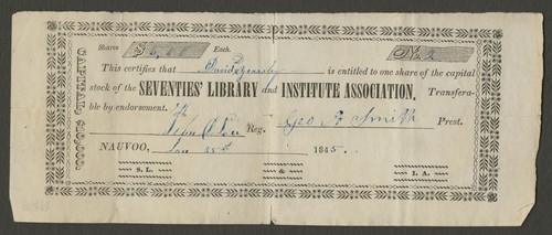This certifies that [David D. Yearsley] is entitled to one share of the capital stock of the Seventies' Library and Institute Association