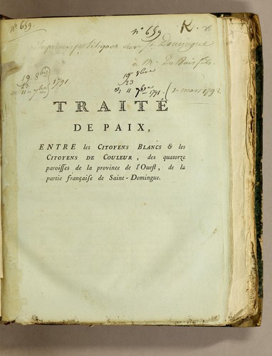Traité de paix entre les citoyens blancs & les citoyens de couleur, des quatorze paroisses de la province de l'ouest, de la partie française de Saint-Domingue