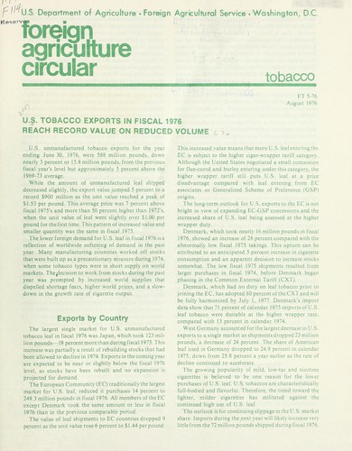 U.S. tobacco exports in fiscal 1976