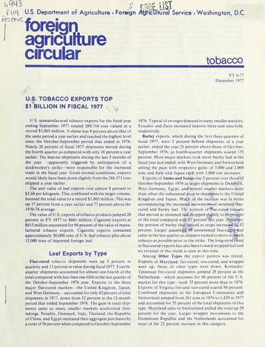 U.S. tobacco exports top $1 billion in fiscal 1977. -