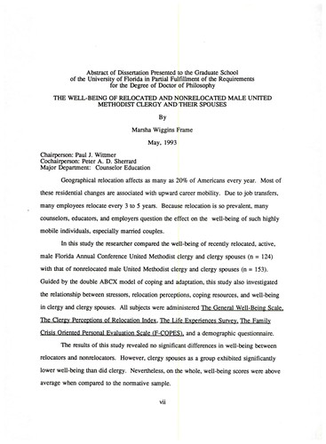 The well-being of relocated and nonrelocated male United Methodist clergy and their spouses