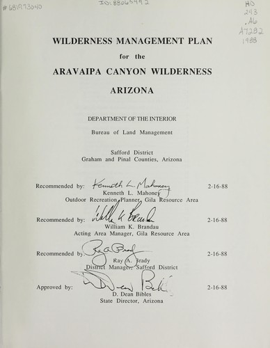 Wilderness management plan for the Aravaipa Canyon Wilderness, Arizona