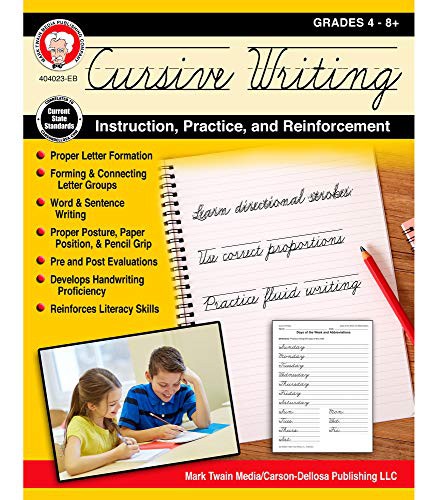 Mark Twain Cursive Writing Book―Grades 4-9 Handwriting Workbook, Letter and Letter Group Formations, Word and Sentence Writing Practice and Assessments