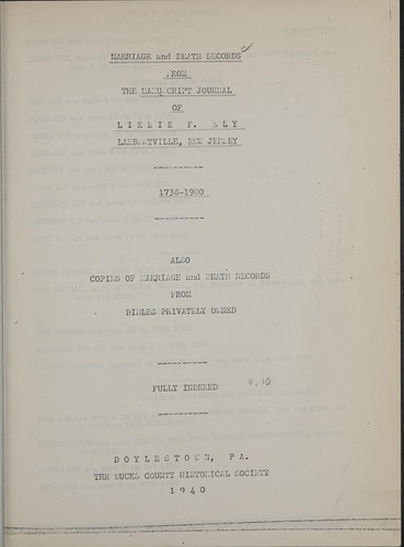 Marriage and death records from the manuscript journal of Lizzie F. Ely, Lambertville, New Jersey, 1738-1900