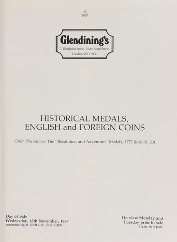 Historical medals, [containing] the George III "Resolution and Adventure" medal, 1772, in copper, struck by Matthew Boulton, rev. the two ships sailing; [as well as] English and foreign coins, [including] an unusual group of coins and medals, related to the London medallists, John Pinches, [such as] a die-making experiment, 1900, of a U.S.A. Morgan dollar, 1879, in silver; [also] British tokens, Maundy money sets, [and] Portuguese coins, [etc.] ...
