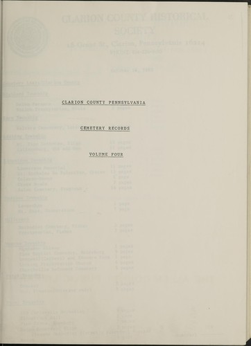 Clarion County cemetery records, Vol. 1.