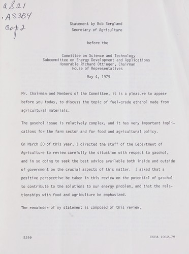 Statement by Secretary of Agriculture before the Committee on Science and Technology, Subcommittee on Energy Development and Applications, Honorable Richard Ottinger, Chairman, House of Representatives