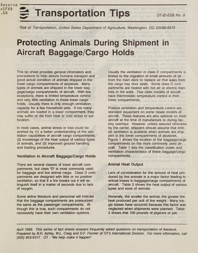 Protecting animals during shipment in aircraft baggage/cargo holds