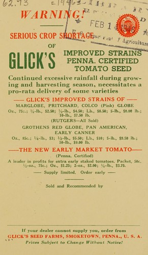 Warning! serious crop shortage of Glick's improved strains of Penna. certified tomato seed ...