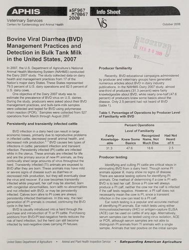 Bovine viral diarrhea (BVD) management practices and detection in bulk tank milk in the United States, 2007