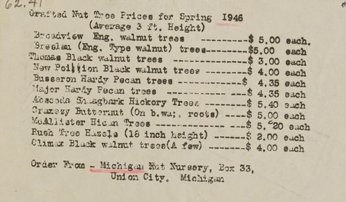 Grafted nut tree prices for spring 1946