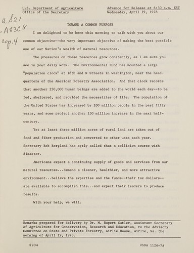 Toward a common purpose. Remarks prepared for delivery by Assistant Secretary of Agriculture for Conservation, Research and Education, to the Advisory Committee on State and Private Forestry, Airlie House, Airlie, Virginia